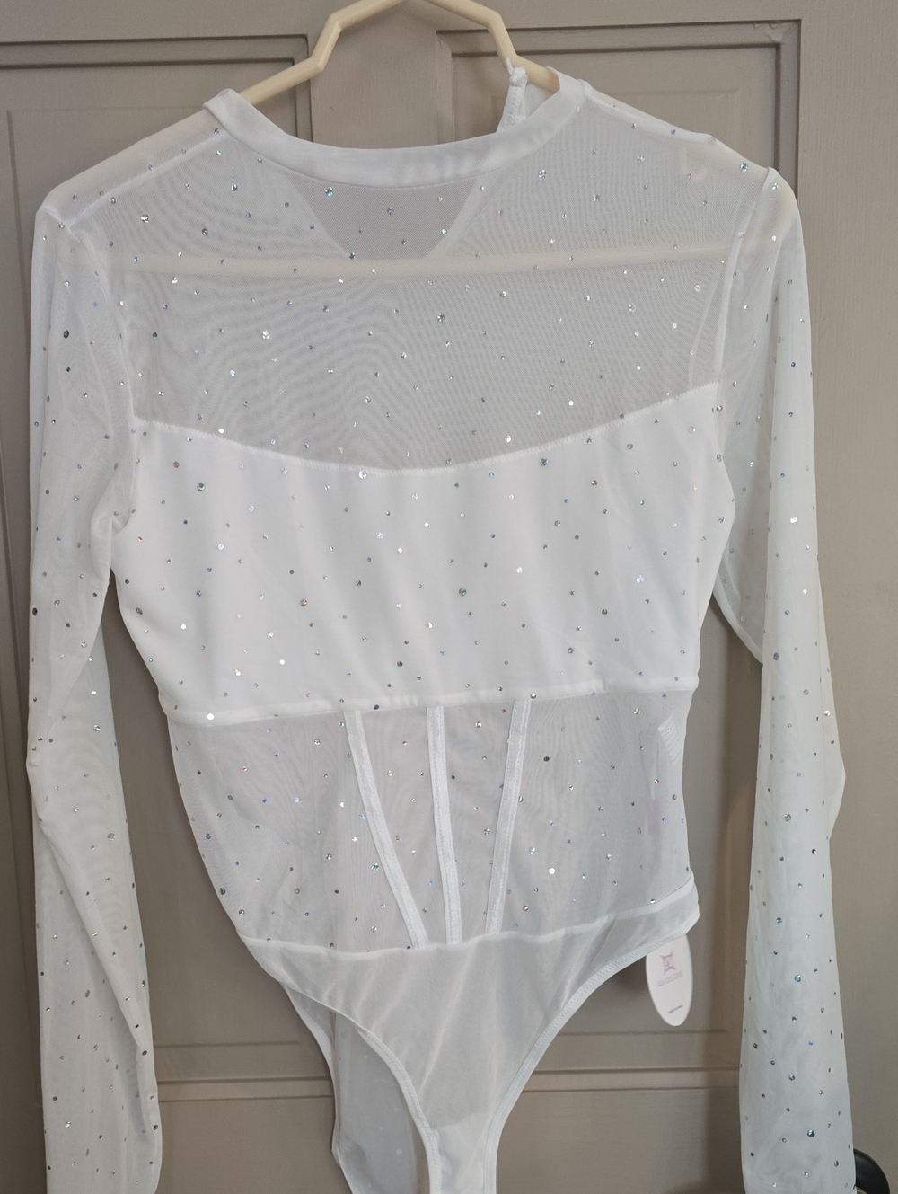 White Sparkle Mesh Long-Sleeve Bodysuit